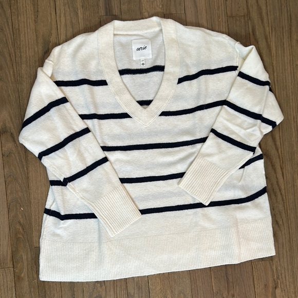 aerie Sweaters - Worn once Aerie Oh So Soft Cream and Navy V-Neck Sweater